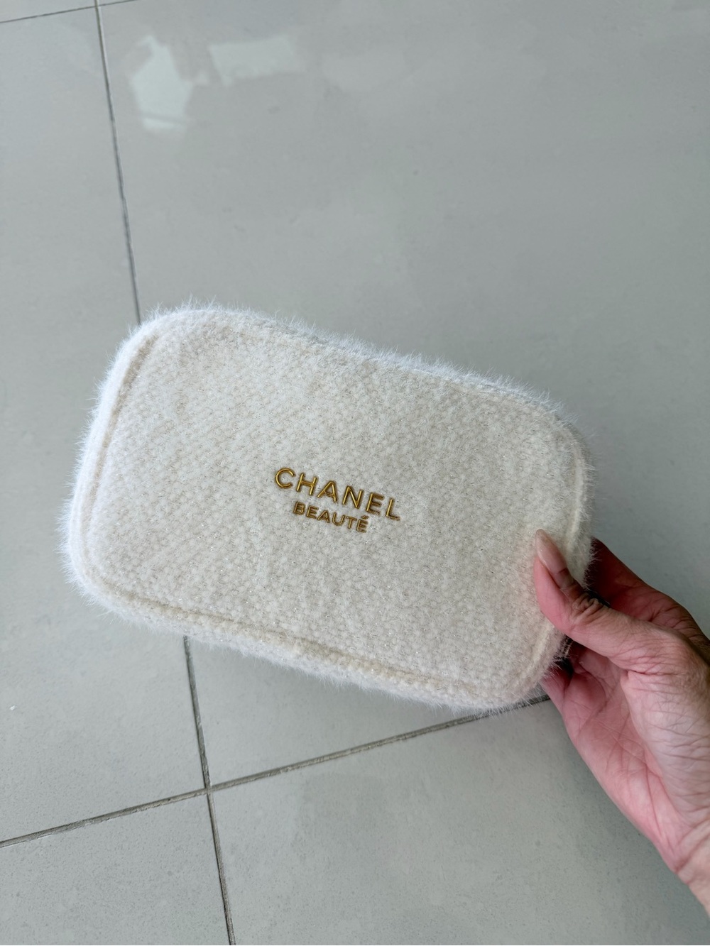CHANEL Beauty White Fuzzy 'Beauté' Cosmetic Pouch with Gold Logo - NEW